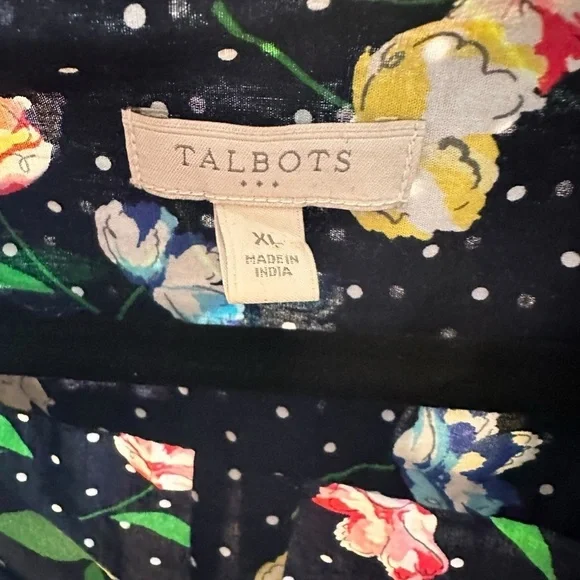Talbots Navy Blue White Polka Dot Floral Six Button Blouse sz XLarge - Picture 3 of 8
